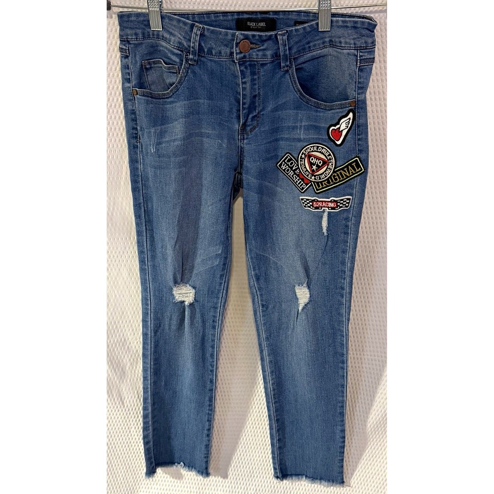 Black Label Skinny Jeans Blue Medium Wash Distressed Patch Button 5-Pocket Sz 11